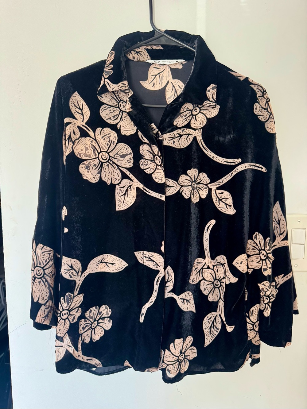 Zara Black Velvet Jacket with Blush Floral Print